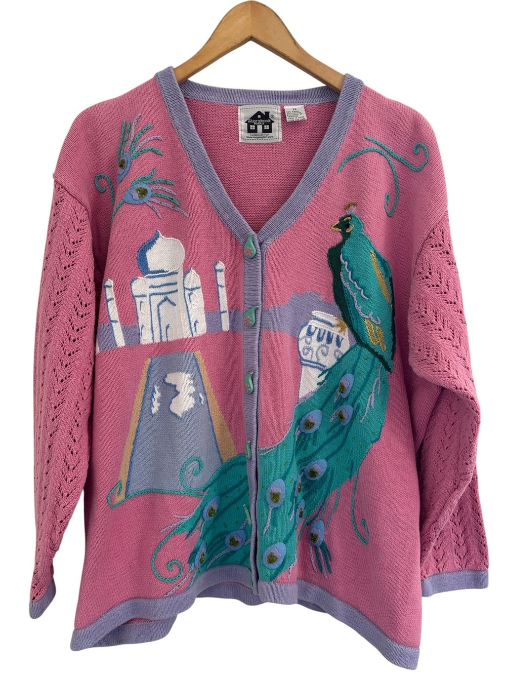 Vintage Storybook Knits Beaded Embroidered Peacock Knit Cardigan Sweater Size 3X